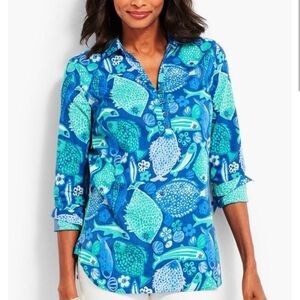 Talbots Large Shirt Under The Sea Fish Tropical Popover Long Sleeve Womens